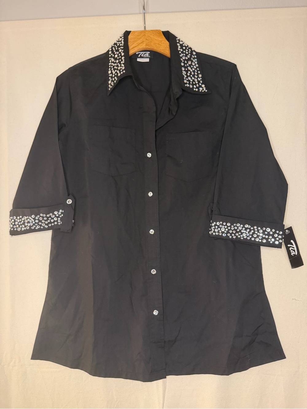 Vintage 90s Black Embellished Collar & Cuff Women’s Tunic Blouse Rhinestones